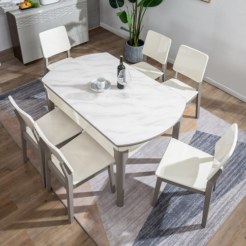 掌上明珠岩板餐桌椅现代简约餐厅可折叠圆桌子1.36米六人椅组合MZ-图1