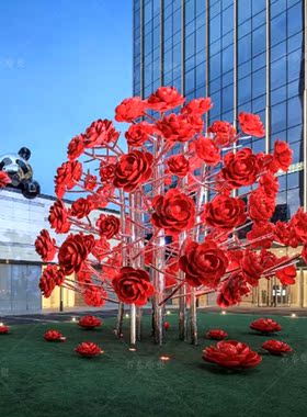 不锈钢玫瑰花景观雕塑花树造型