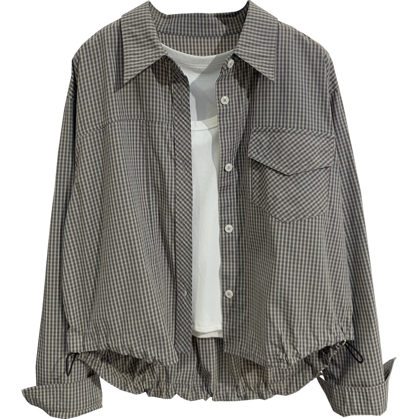 2026新款复古千鸟格子衬衫女短款宽松时尚下摆抽绳小个子上衣外套,淘宝优惠券,粉丝福利购,淘宝优惠卷