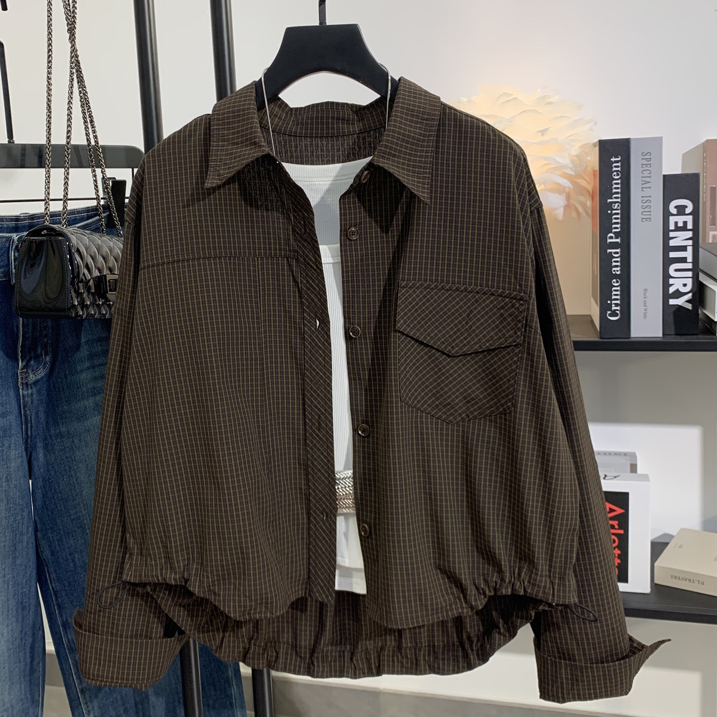 2026新款复古千鸟格子衬衫女短款宽松时尚下摆抽绳小个子上衣外套,淘宝优惠券,粉丝福利购,淘宝优惠卷