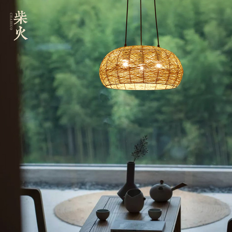 茶室复古吊灯侘寂风禅意茶室中式创意卧室鸟巢灯餐厅日式民宿灯具_虎窝淘