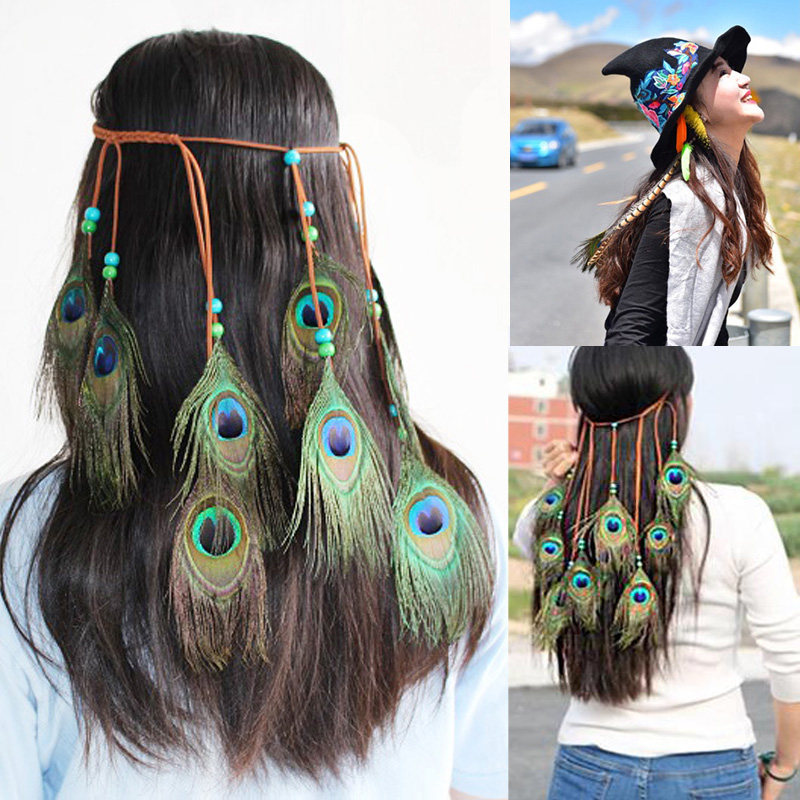 波西米亚民族风发饰印第安流苏发绳孔雀羽毛头饰男女超仙表演发带,淘宝优惠券,粉丝福利购,淘宝优惠卷