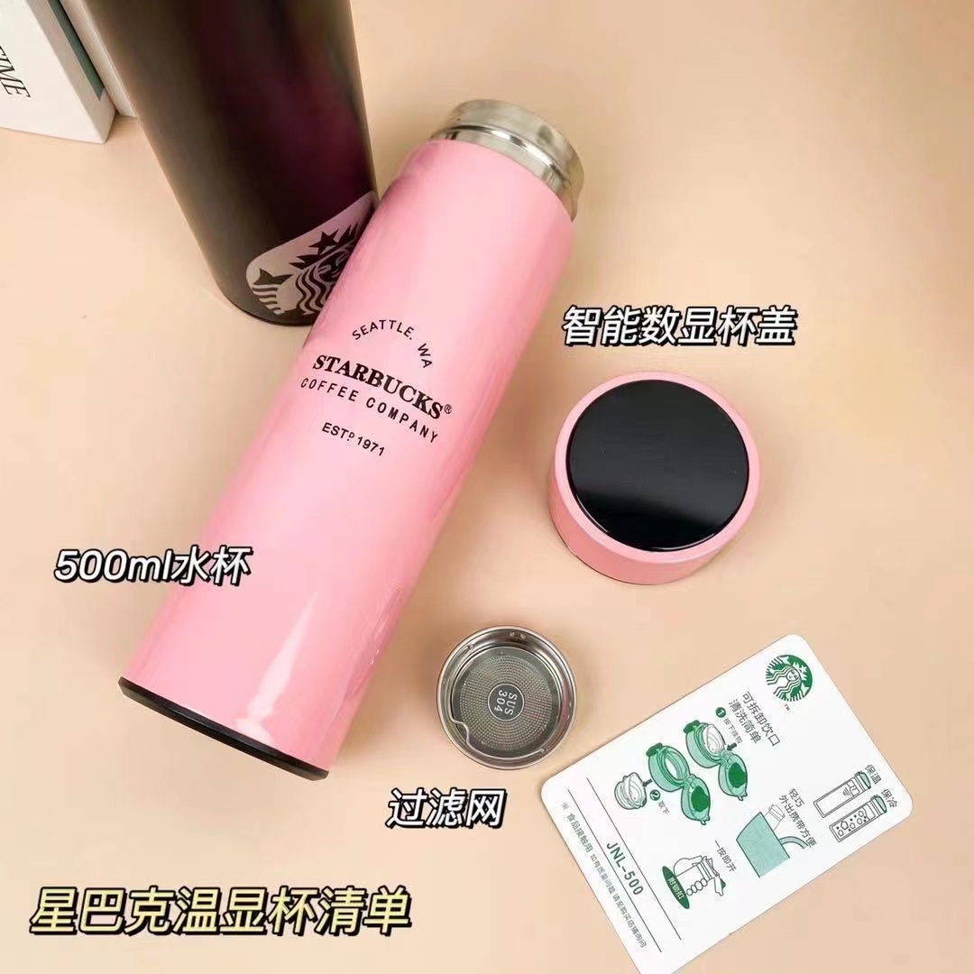 星巴克温度显示保温杯500ml，（学生情侣保温杯子不锈钢便携车载随行弹温度杯）-第3张图片-提都小院