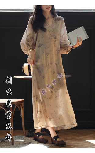 样板图纸样 N216苎麻混纺V领连衣裙女夏季复古灯笼袖长裙打版裁剪 - 图0
