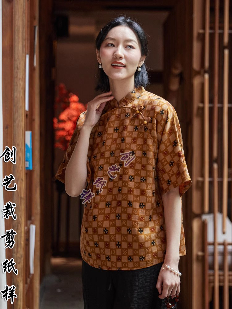 DIY衣服图纸 N210真丝花罗红云纱夏季新中式复古女短袖上衣女纸样 - 图2