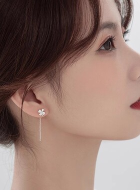 S999纯银四叶草耳线女2025年小众设计高级感耳钉夏季流苏耳饰耳坠
