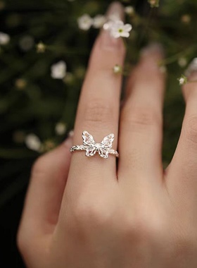 蝴蝶个性戒指女轻奢小众食指戒熔岩设计素圈开口戒时尚潮