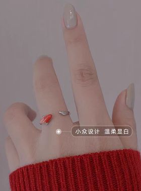 中国风锦鲤戒指幸运小众设计珐琅红色小鱼开口指环