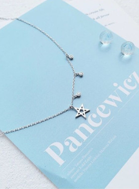 choker纯银锆石镂空五角星锁骨链