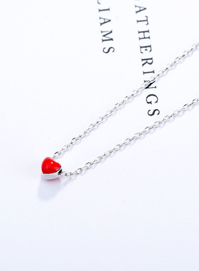 甜美风小红心纯银短款项链