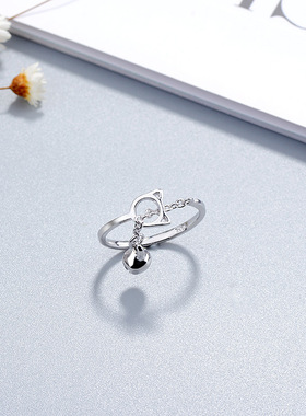 日韩风猫咪铃铛学生开口饰品戒指