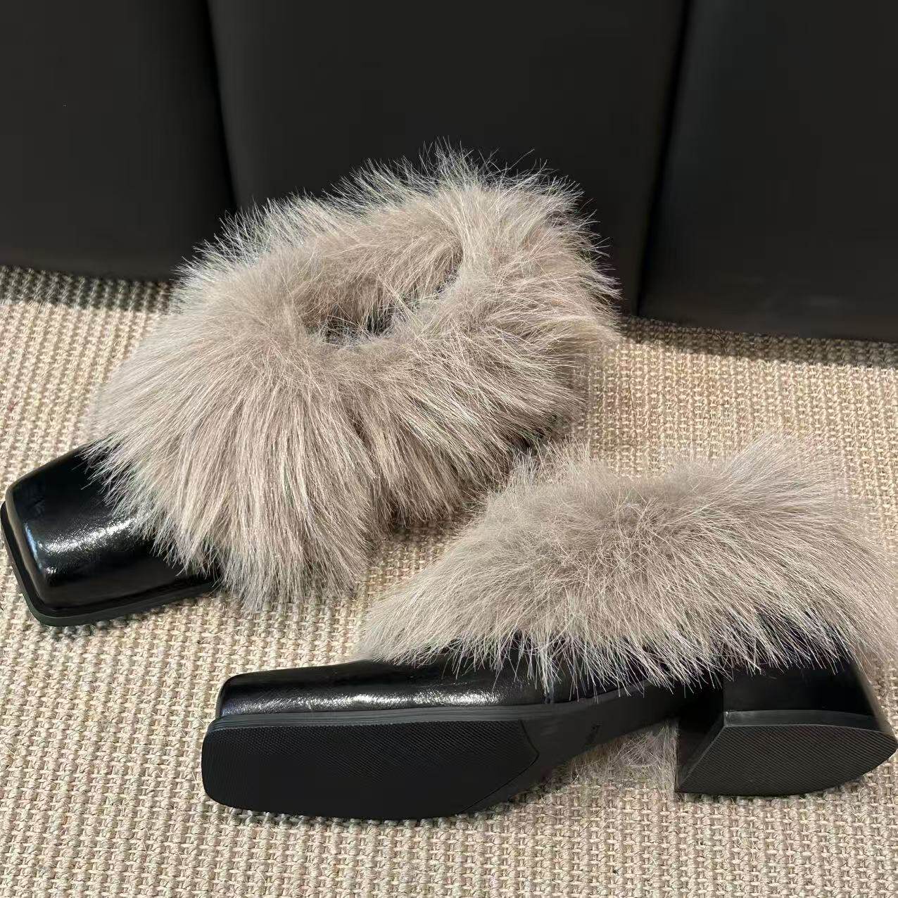 H55女鞋浮世绘2025冬季新款复古法式毛毛粗跟时尚保暖方头小高跟,淘宝优惠券,粉丝福利购,淘宝优惠卷