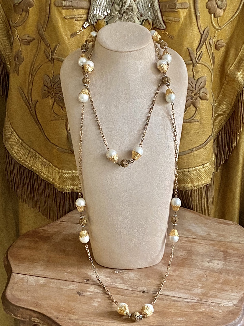 vintage法国旧货 中古珍珠镀金项链 长链 毛衣链 复古欧美风珠宝