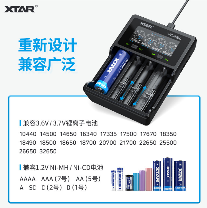 XTAR VC4SL多功能通用21700 18650锂电池充电器1.2V5 7号测试容量 - 图1