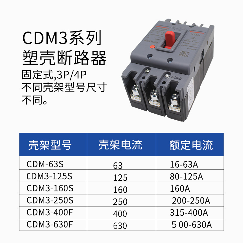 德力西4P塑壳断路器3P空气开关CDM3 100A 160A 250A 200A CDM1 - 图2