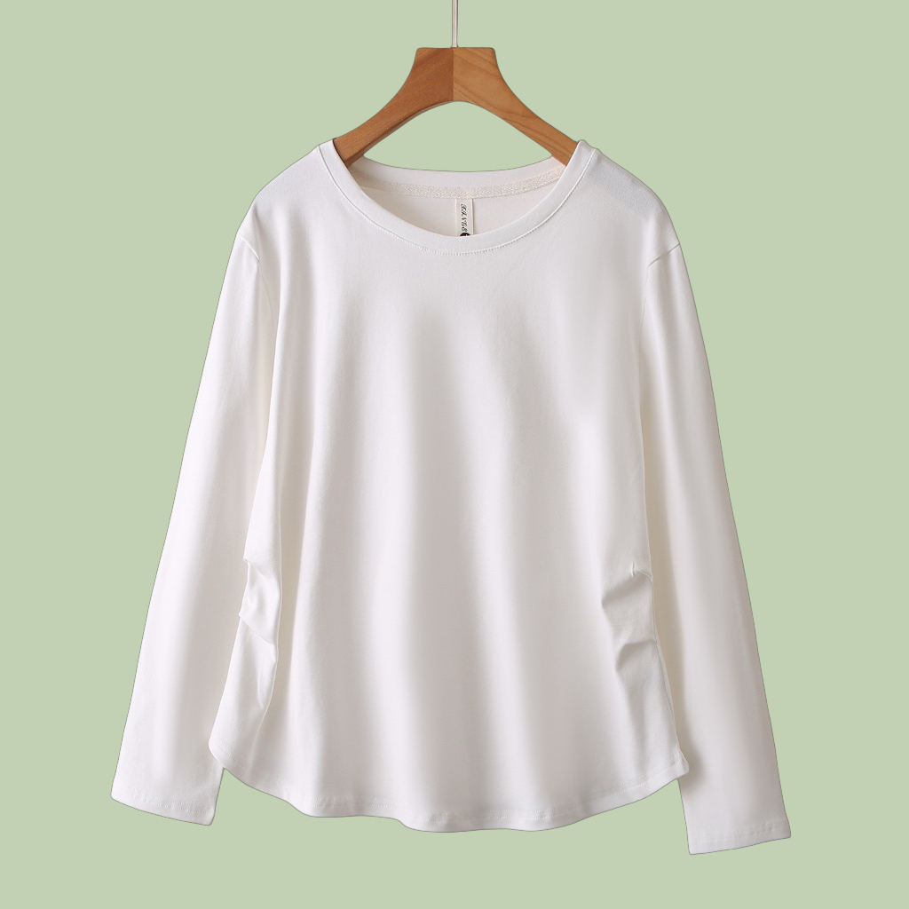 孕妇装春秋长袖T恤白色a纯棉弹力大码上衣宽松褶皱收腰显瘦打底衫 - 图0
