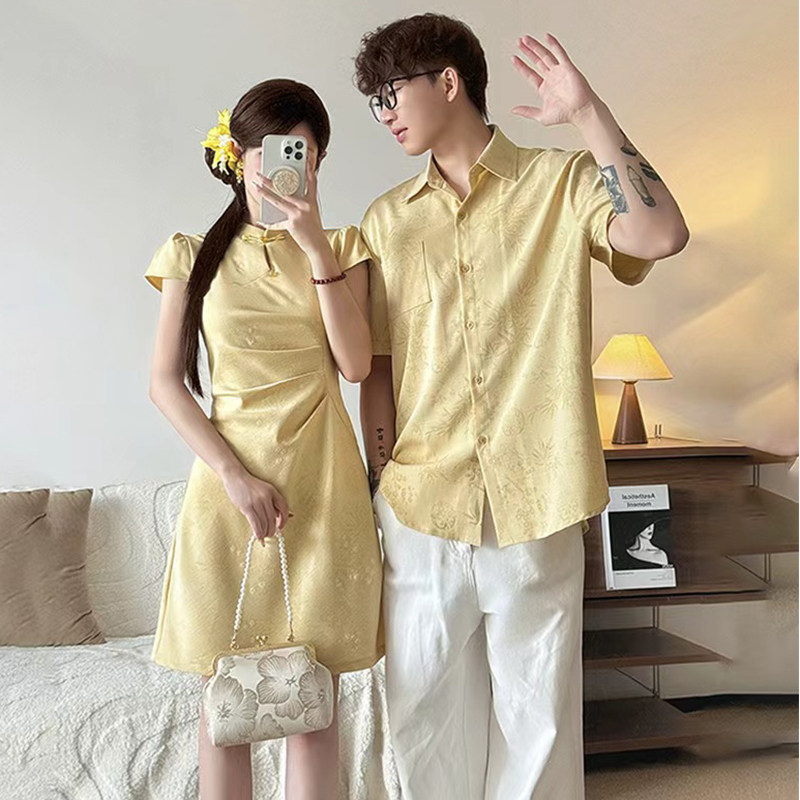 新中式情侣装夏装国风改良旗袍穿搭结婚高级感短袖套装一裙一衣潮,淘宝优惠券,粉丝福利购,淘宝优惠卷