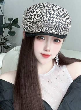 新款英伦复古千鸟格前进帽子男女通用秋冬韩版鸭舌帽显脸小贝雷帽