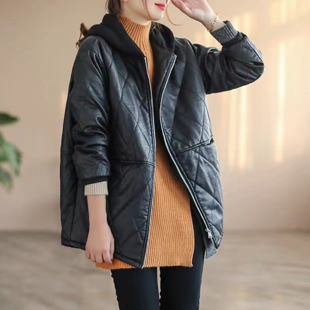 秋冬款皮衣外套女夹棉加厚保暖连帽外套菱形格韩版皮袄时尚显瘦 - 图0