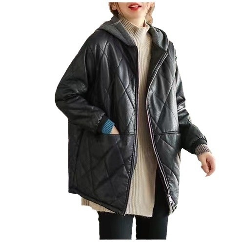 秋冬款皮衣外套女夹棉加厚保暖连帽外套菱形格韩版皮袄时尚显瘦 - 图2
