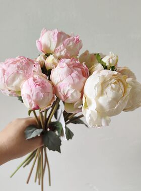 手札7头焦边仿真牡丹芍药花苞花束 样板间软装 春游露营拍照道具