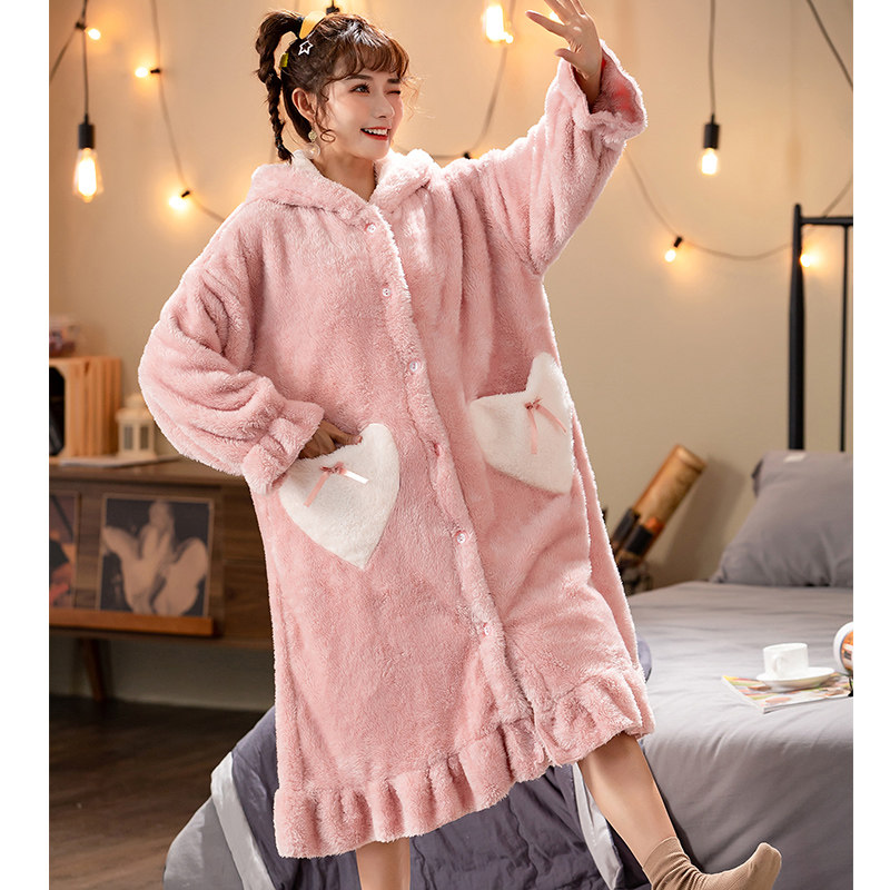 秋冬季珊瑚绒加大码可爱长款女睡袍 易魅睡衣/家居服套装