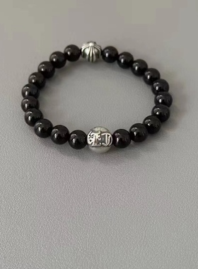 复古风925银潮牌做旧十字架8mm天然黑曜石手链手串男女明星款礼物