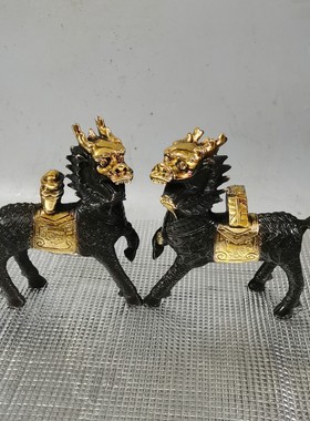 仿古紫铜色鎏金麒麟一对桌面摆件家居客厅工艺礼品麒麟铜器