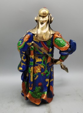 仿古铜器摆件 景泰蓝手工掐丝珐琅彩带刀关公 家居装饰工艺品