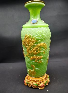 夜光鎏金花瓶龙凤镶嵌一对摆件雕刻彩绘工艺品家用客厅收藏家居