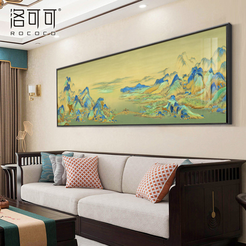 新中式客厅装饰画卧室床头山水画沙发背景墙画横款千里江山图挂画_虎窝淘