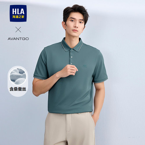 HLA/海澜之家轻商务短袖POLO26春夏新含桑蚕丝印花透气翻领T恤男 - 图1