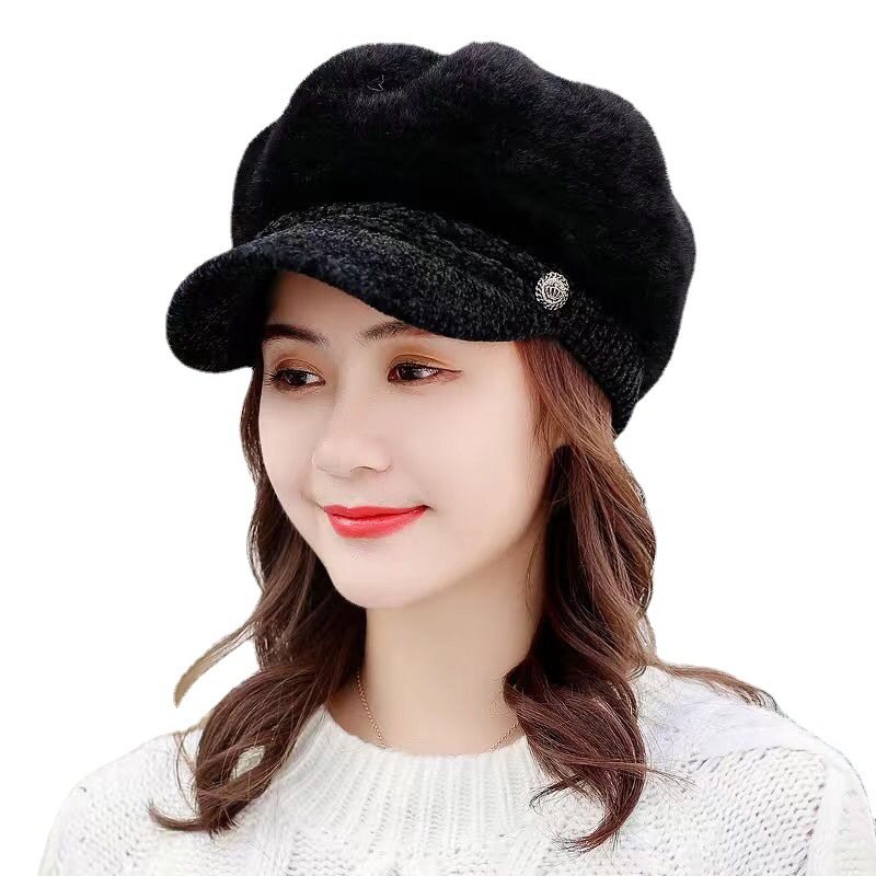 妈妈款贝雷帽时尚加绒套头帽中老年人韩版画家帽兔毛针织毛线帽,淘宝优惠券,粉丝福利购,淘宝优惠卷