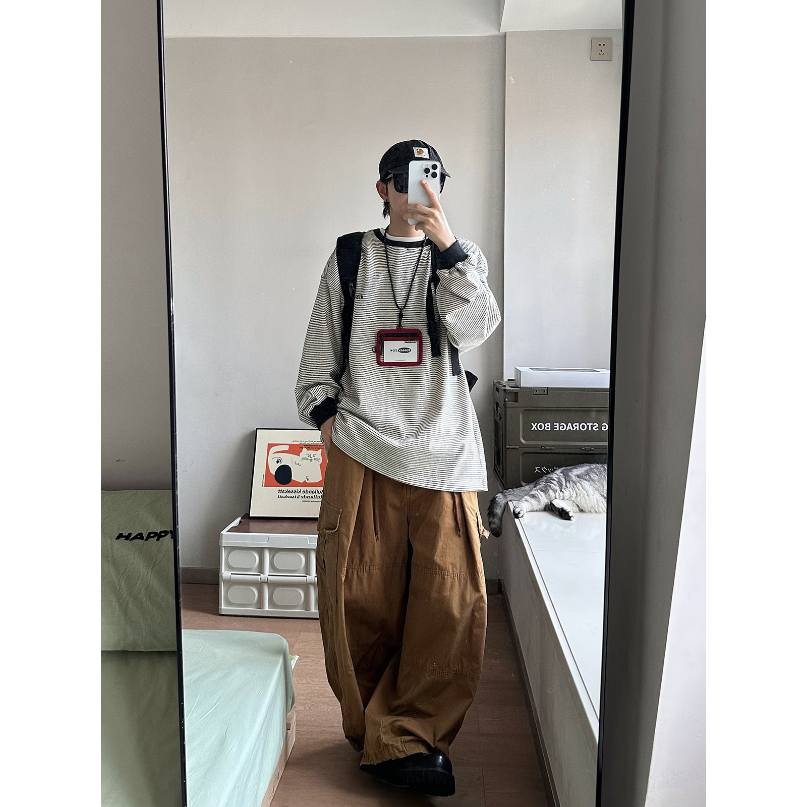 XBRO日系复古磨毛24年秋慵懒宽松无性别刺绣条纹长袖T恤卫衣男女 - 图3