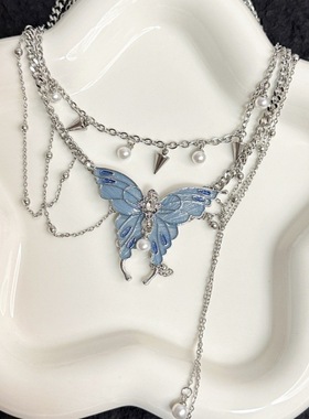 在逃公主蓝色蝴蝶多层流苏项链小众设计感颈链气质精致百搭锁骨链