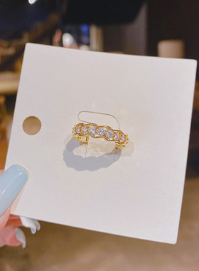 真金电镀铜镶锆石网红几何戒指女时尚小众设计开口可调节食指环戒