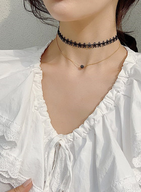 韩国时髦精蕾丝小花choker颈链复古双层项链女新品潮锁骨链项圈女
