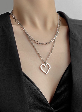 日韩网红ins时尚百搭锁骨链马赛克桃心吊坠爱心嘻哈多层项链女潮