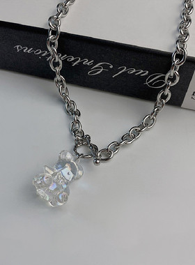 韩版Q弹果冻透明小熊OT项链男女情侣简约卡通熊吊坠可爱ins毛衣链