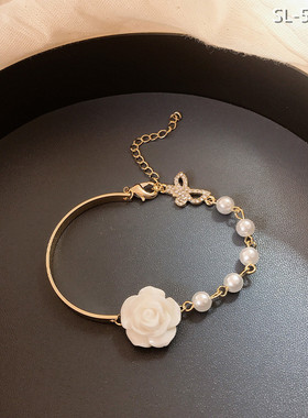 法式小众设计感玫瑰花朵手饰品复古巴洛克珍珠蝴蝶小香风手链