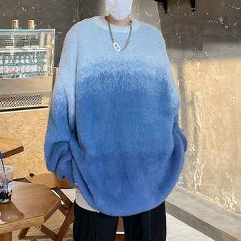 ດູໃບໄມ້ລົ່ນແລະລະດູຫນາວ gradient mink velvet sweater men's round neck pullover casual trendy brand contrast color teens Japanese style Hong Kong style knitted sweater