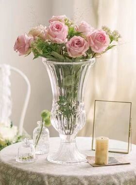 轻奢高脚杯透明玻璃风灯花瓶装饰鲜花干花家居摆件浮雕ins风花瓶