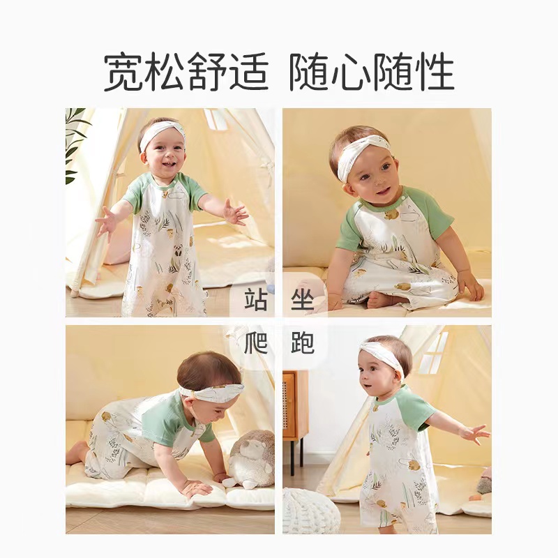 欧孕婴儿睡袋夏季薄款宝宝短袖竹棉纱布睡觉衣防蹬儿童防踢被神器 - 图0