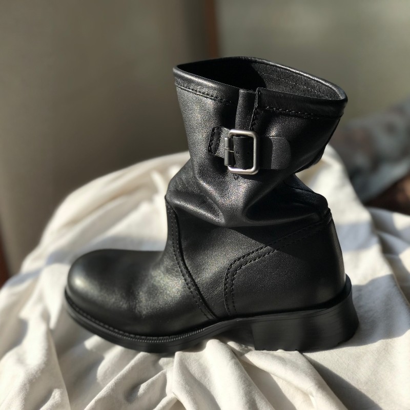 水染半植鞣牛皮复古皮带扣骑士靴女真皮中筒靴圆头低跟短靴工装靴,淘宝优惠券,粉丝福利购,淘宝优惠卷