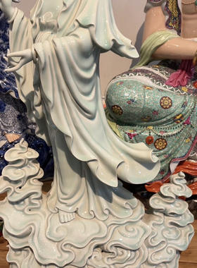 影青釉手持拂尘站云观世音菩萨尊像景德镇陶瓷器手工雕塑摆件70cm