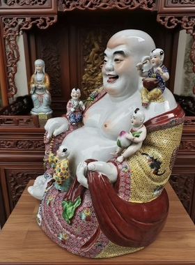 景德镇陶瓷器大肚多子佛陶瓷五子弥勒佛像招财家居装饰品摆件55cm