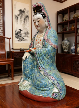 景德镇雕塑陶瓷器自在家用佛像供奉摆件持经书观世音菩萨坐像30cm