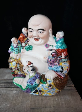 老厂货陶瓷五子弥勒佛装饰摆件五福临门登科招财布袋大肚罗汉笑佛