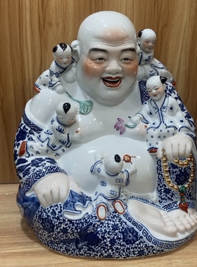 景德镇雕塑瓷厂摆件五子登科手绘青花工艺高温瓷实用家庭客厅供养