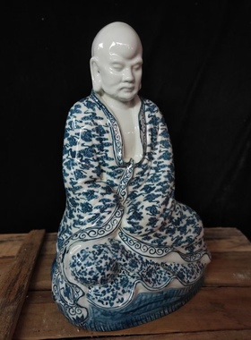 景德镇雕塑瓷厂陶瓷老厂货青花达摩罗汉摆件红色收藏精品古玩古董